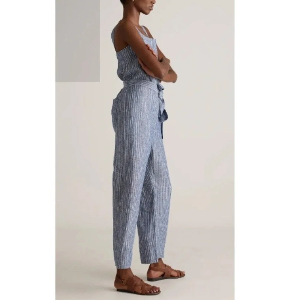 Quince Women's Chambray Stripe European Linen Square Neck Jumpsuit Size M NWT